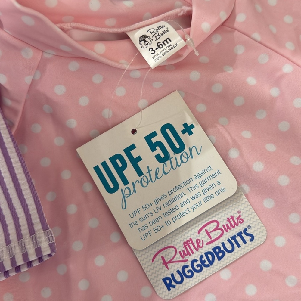 NWT Ruffle Butts Pair Ruffled Rash Guards SPF Seersucker Polka Dot 3-6 Months - Picture 4 of 6